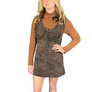 URBAN OUTFITTERS BROWN LEATHER SLEEVELESS LACE BUST RETRO 70'S MINI SHIFT DRESS